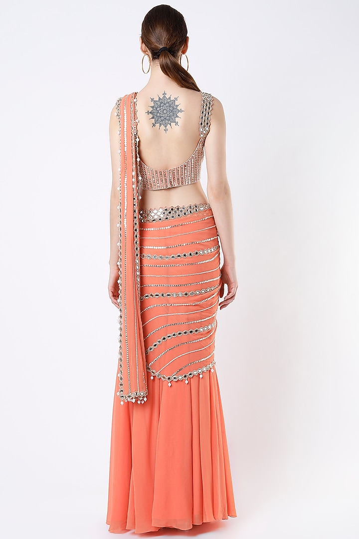 Coral Georgette & Raw Silk Mirror Work Skirt Wedding Saree Set by Kresha Lulla at Pernia's Pop Up Shop