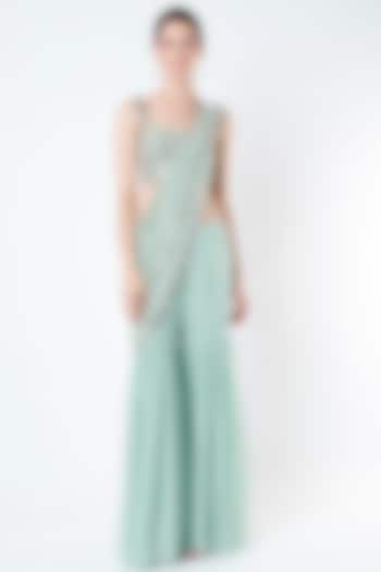 Mint Georgette Mirror Work Sharara Wedding Saree Set by Kresha Lulla at Pernia's Pop Up Shop