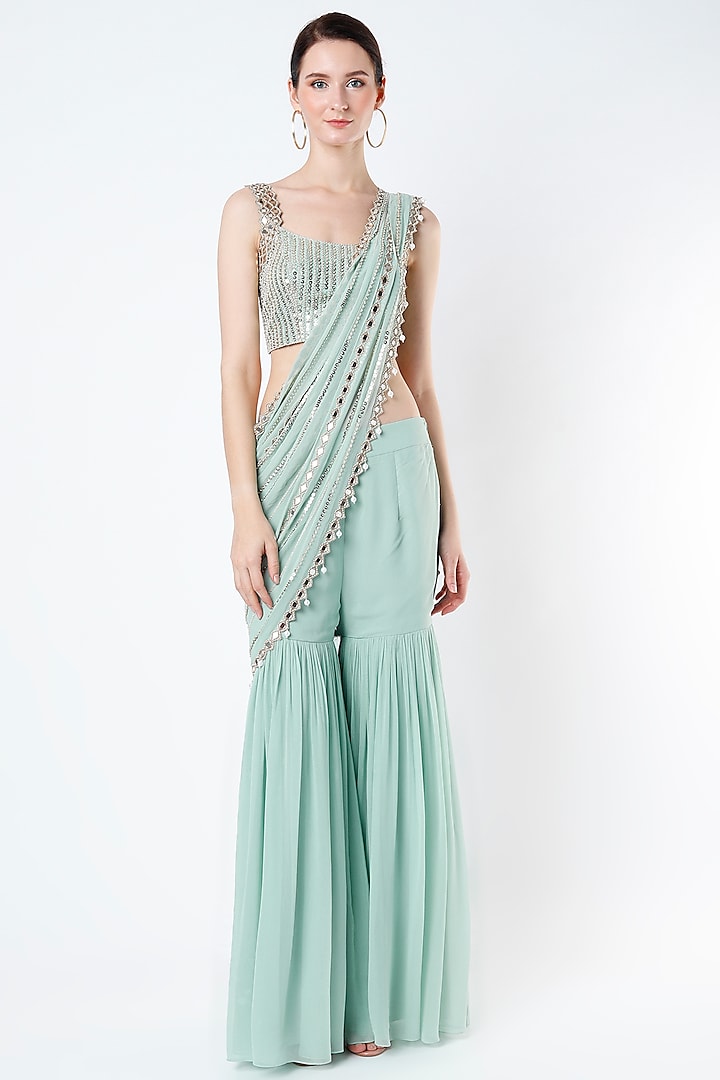 Mint Georgette Mirror Work Sharara Wedding Saree Set by Kresha Lulla at Pernia's Pop Up Shop