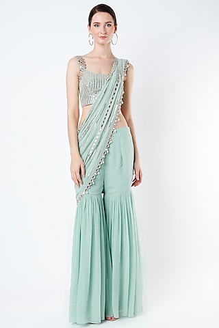 Mint Georgette Mirror Work Sharara Saree Set by Kresha Lulla
