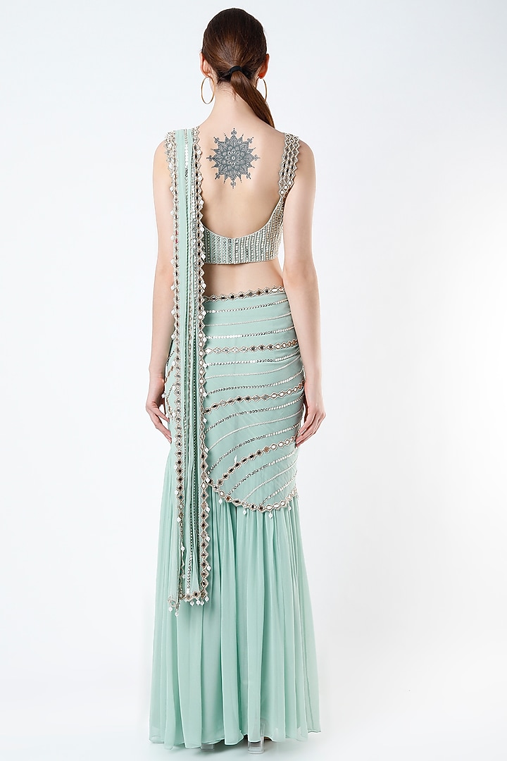 Mint Georgette Mirror Work Sharara Wedding Saree Set by Kresha Lulla at Pernia's Pop Up Shop