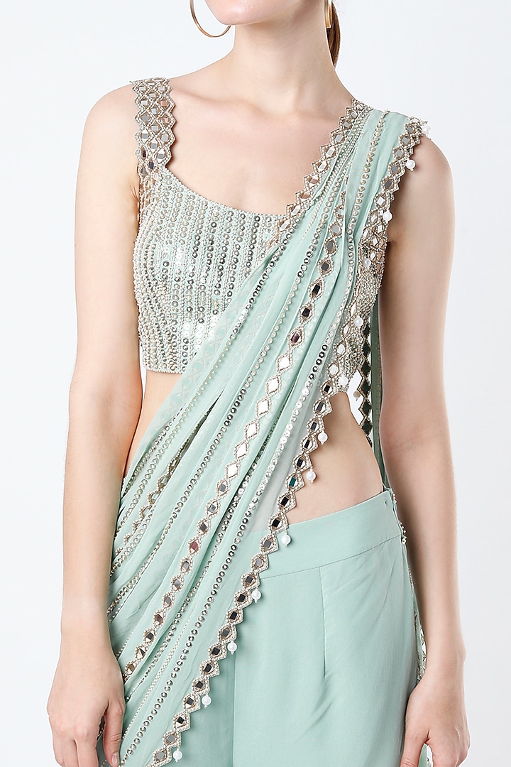 Mint Georgette Mirror Work Sharara Wedding Saree Set by Kresha Lulla at Pernia's Pop Up Shop