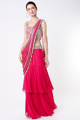 Rani Pink Saree Set With Mirror Work by Kresha Lulla