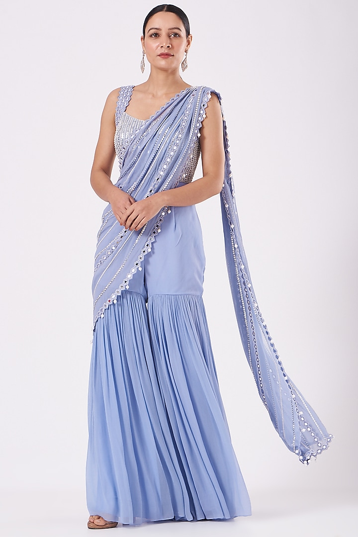 Sky Blue Embroidered Gharara Saree Set by Kresha Lulla