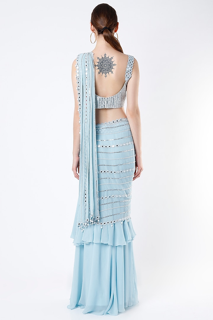 Powder Blue Wedding Saree Set With Mirror Work by Kresha Lulla at Pernia's Pop Up Shop