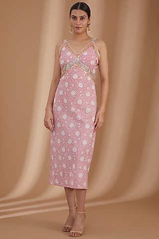 Pink Cotton Embroidered Long Dress by kunwarani ritu