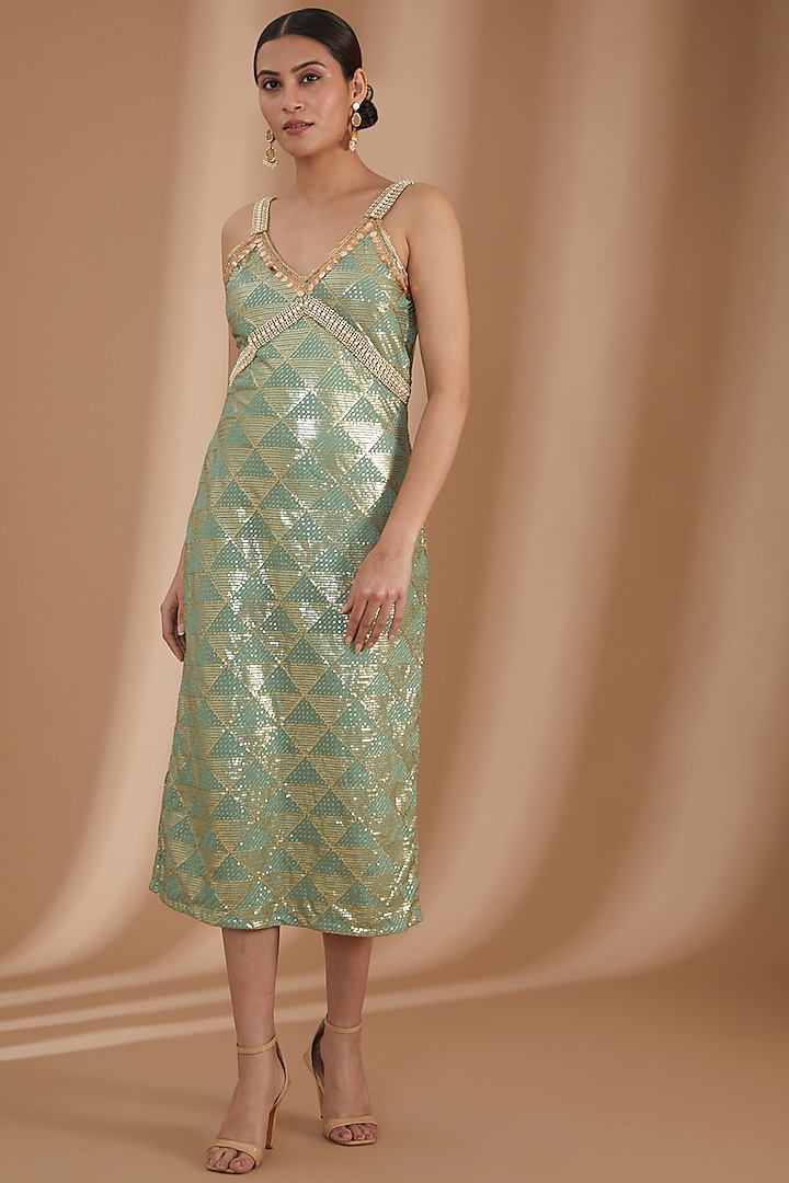 Green Georgette Embroidered Dress by kunwarani ritu
