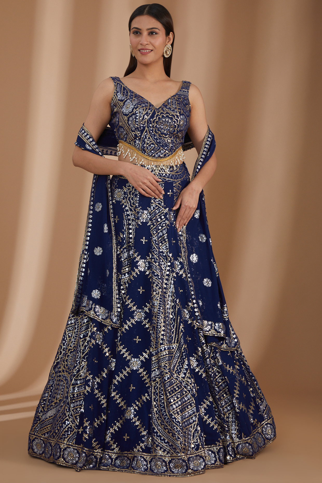 Blue Georgette Embroidered Lehenga Set by kunwarani ritu