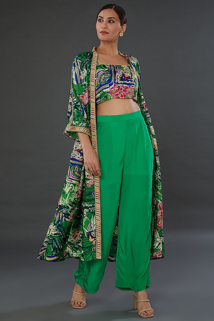 Green Satin Embroidered Cape Set by kunwarani ritu at Pernia's Pop Up Shop