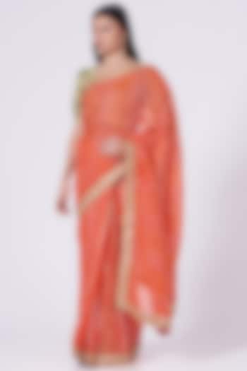Bright Orange Gota Hand Embroidered Saree Set by kunwarani ritu