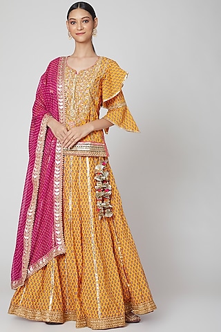 Mustard & Pink Hand Embroidered Lehenga Set by kunwarani ritu