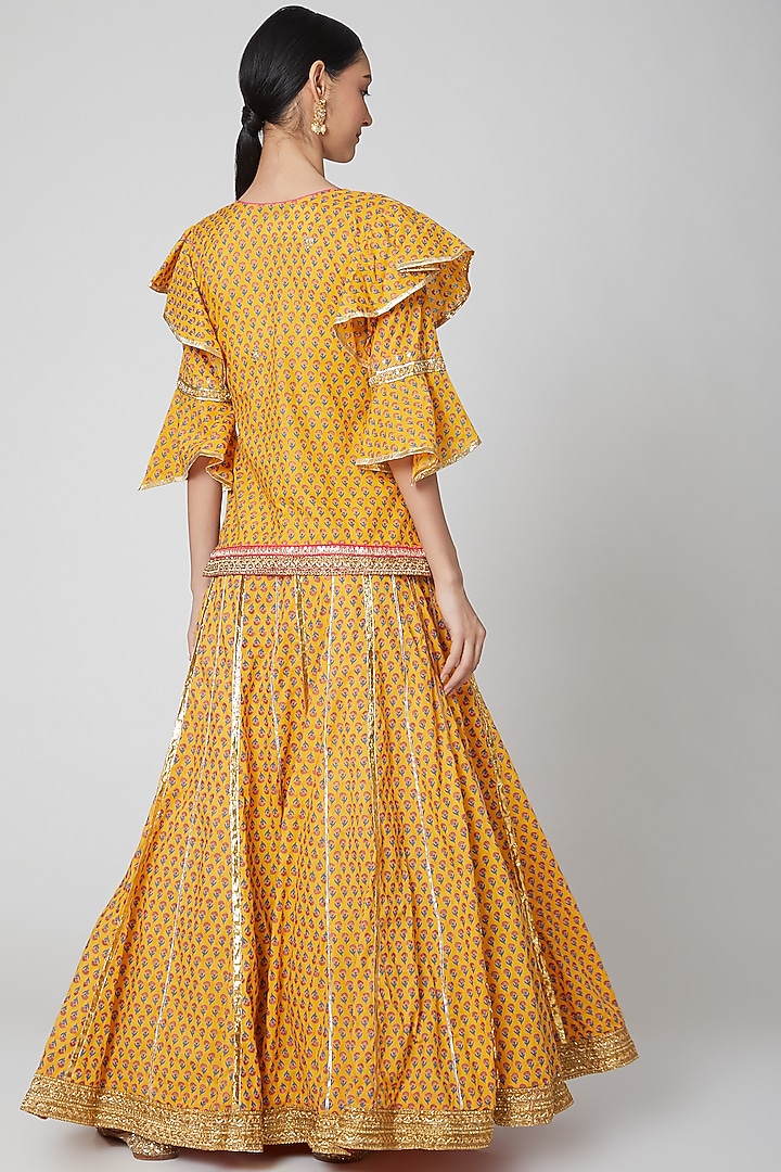 Mustard & Pink Hand Embroidered Wedding Lehenga Set by kunwarani ritu at Pernia's Pop Up Shop