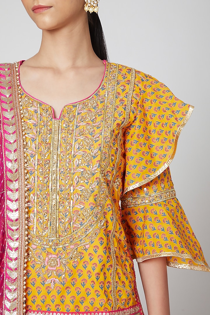 Mustard & Pink Hand Embroidered Wedding Lehenga Set by kunwarani ritu at Pernia's Pop Up Shop
