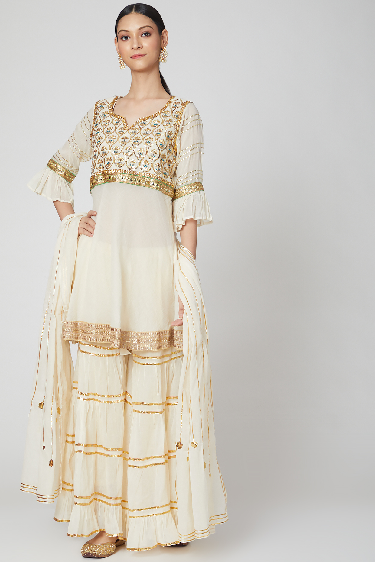 Off White Sequins Embroidered Gharara Set by kunwarani ritu