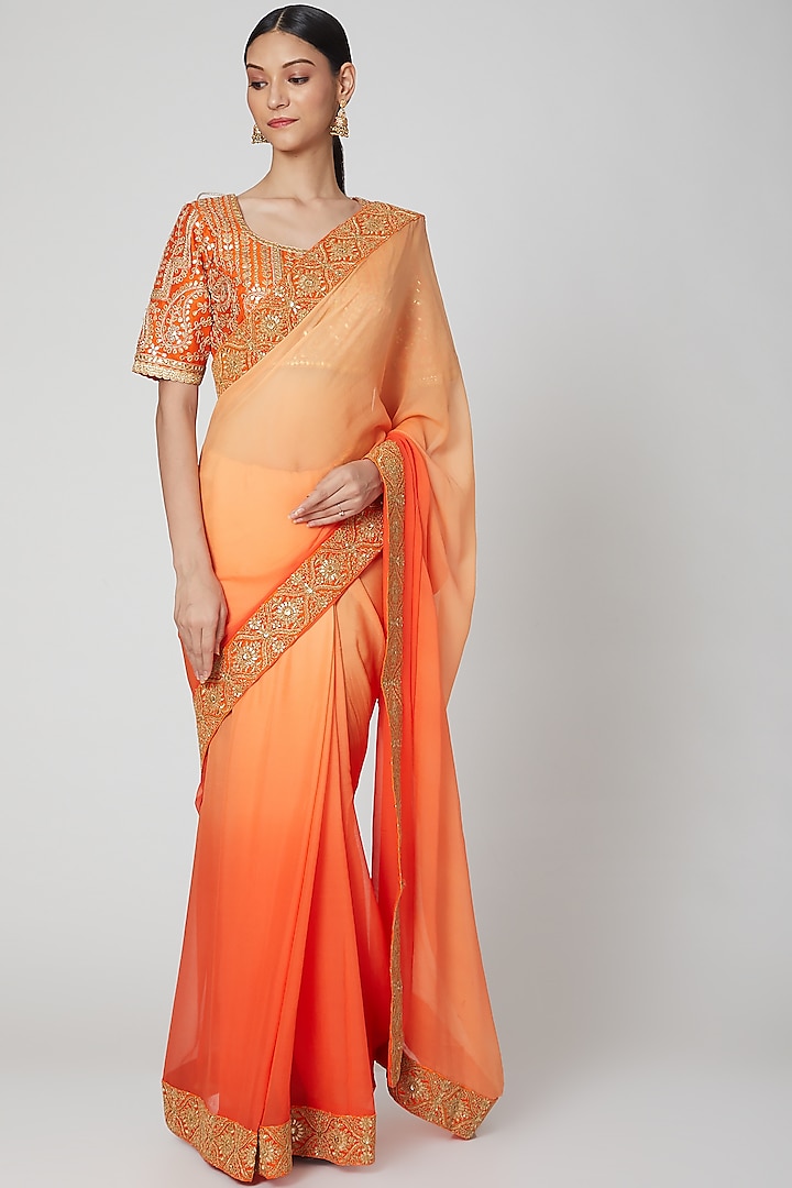 Orange Zari Embroidered Saree Set by kunwarani ritu
