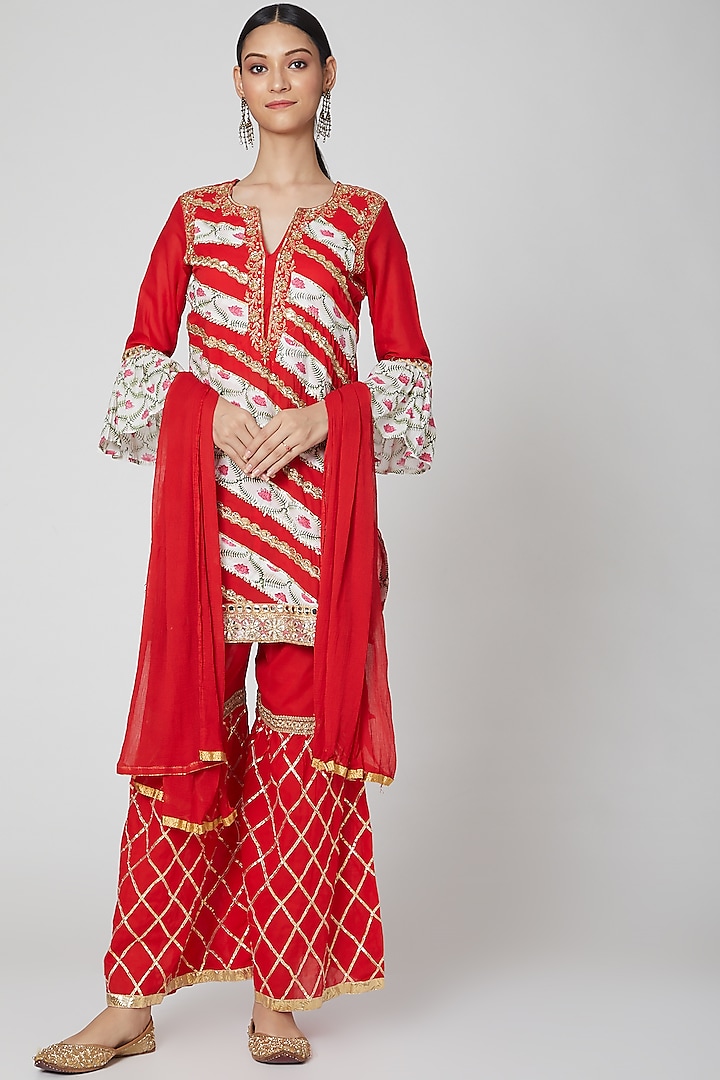 Red Embroidered Gharara Set  by kunwarani ritu at Pernia's Pop Up Shop