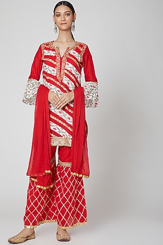 Red Embroidered Gharara Set  by kunwarani ritu