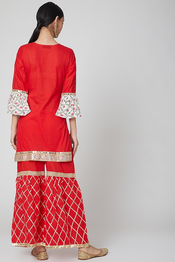 Red Embroidered Gharara Set  by kunwarani ritu at Pernia's Pop Up Shop