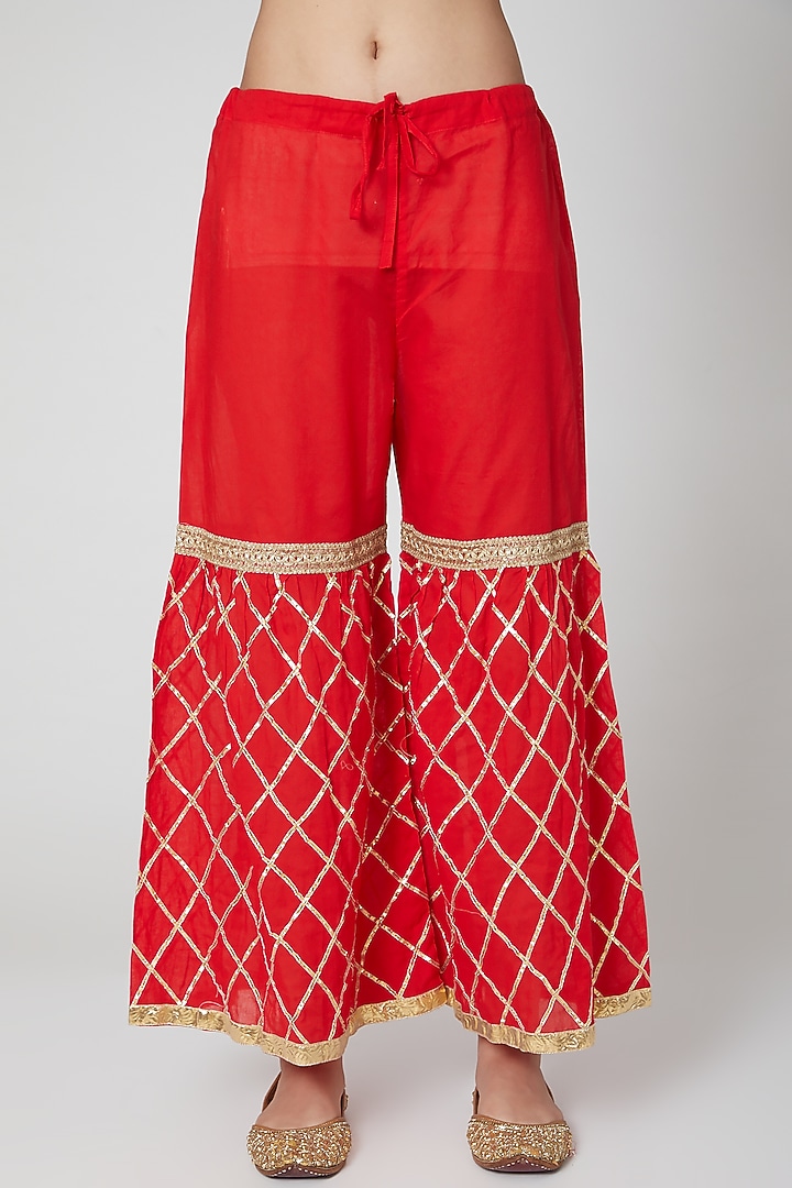 Red Embroidered Gharara Set  by kunwarani ritu at Pernia's Pop Up Shop