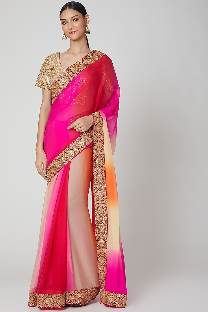 Pink Zari Embroidered Saree Set by kunwarani ritu