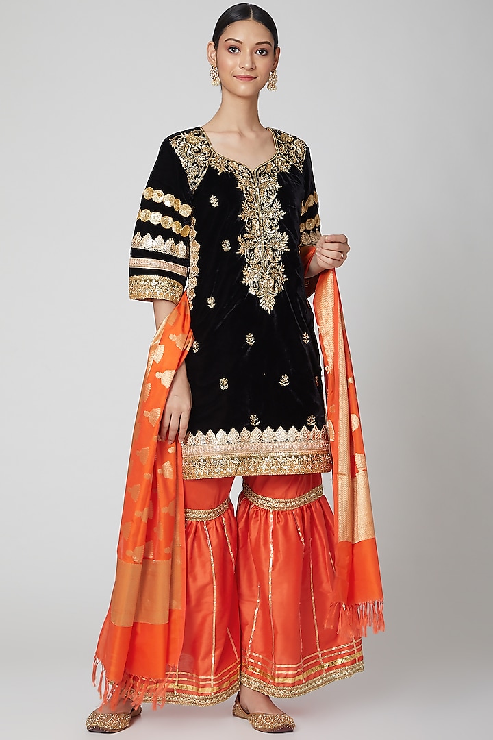 Black & Orange Embroidered Gharara Set by kunwarani ritu