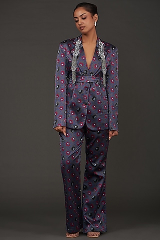Grey Silk Floral Printed Co-Ord Set by kunwarani ritu