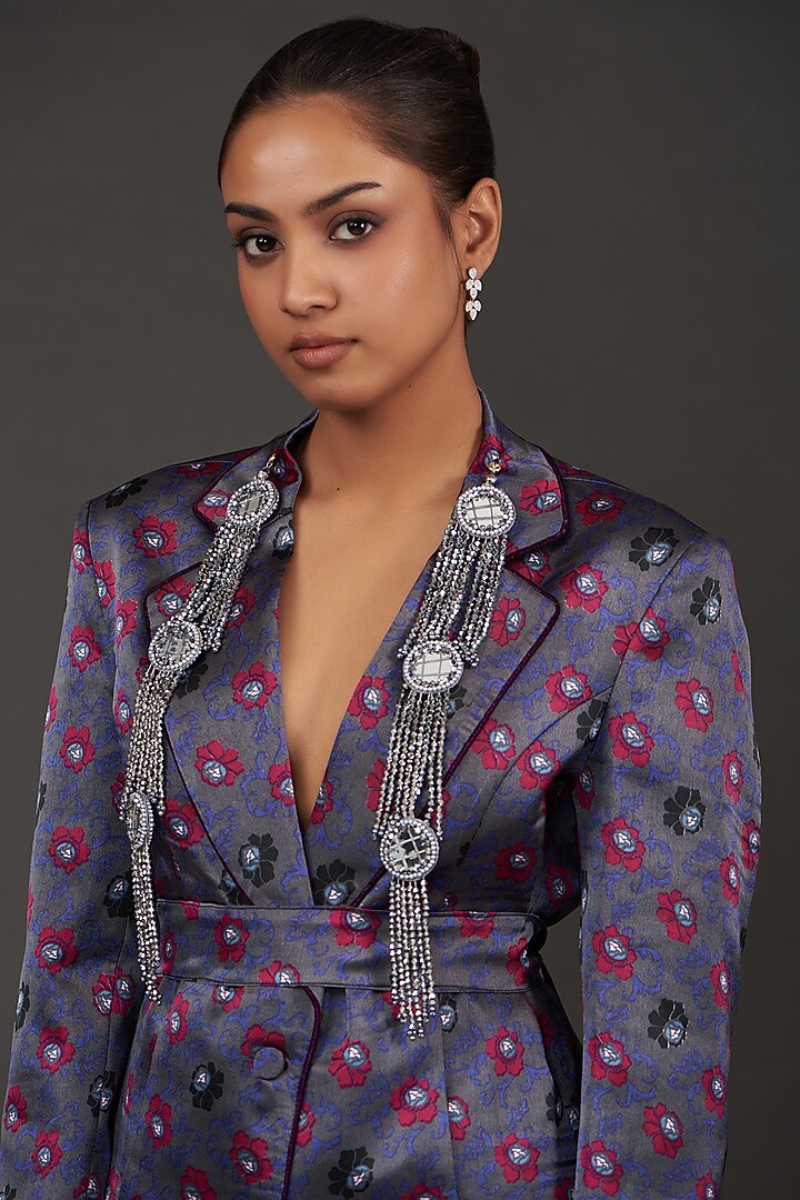 Grey Silk Floral Printed Co-Ord Set by kunwarani ritu at Pernia's Pop Up Shop