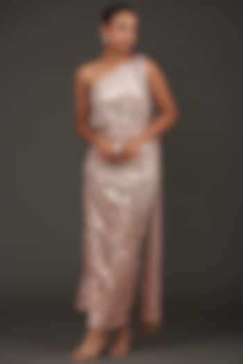 Beige Lycra Shimmer Off-Shoulder Draped Gown by kunwarani ritu