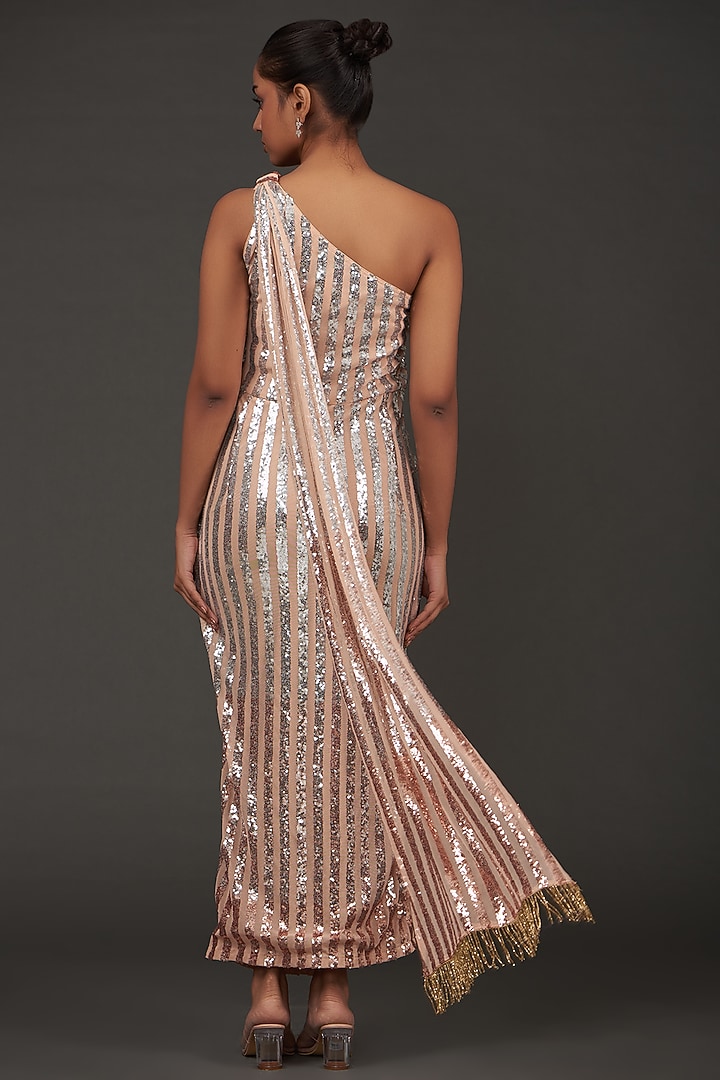 Beige Lycra Shimmer Off-Shoulder Draped Engagement Gown by kunwarani ritu at Pernia's Pop Up Shop
