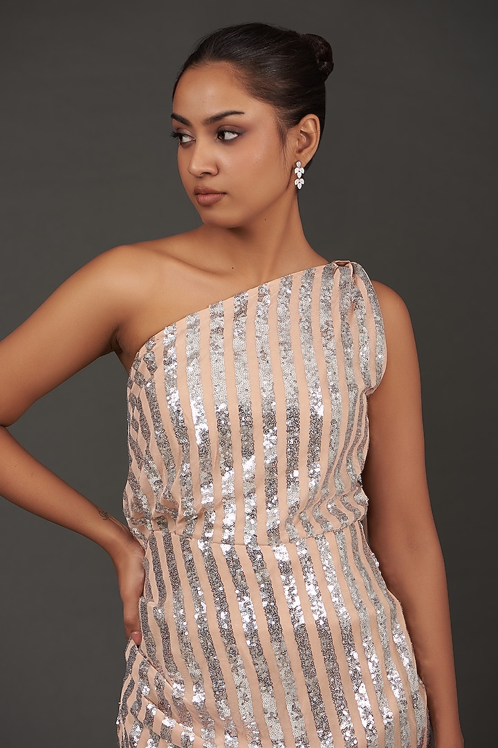 Beige Lycra Shimmer Off-Shoulder Draped Engagement Gown by kunwarani ritu at Pernia's Pop Up Shop