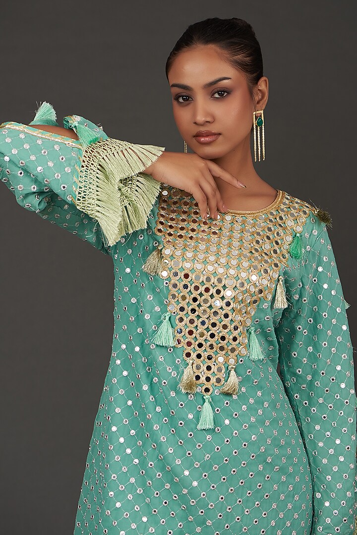 Green Georgette Mirror Embroidered Kurta Set by kunwarani ritu at Pernia's Pop Up Shop