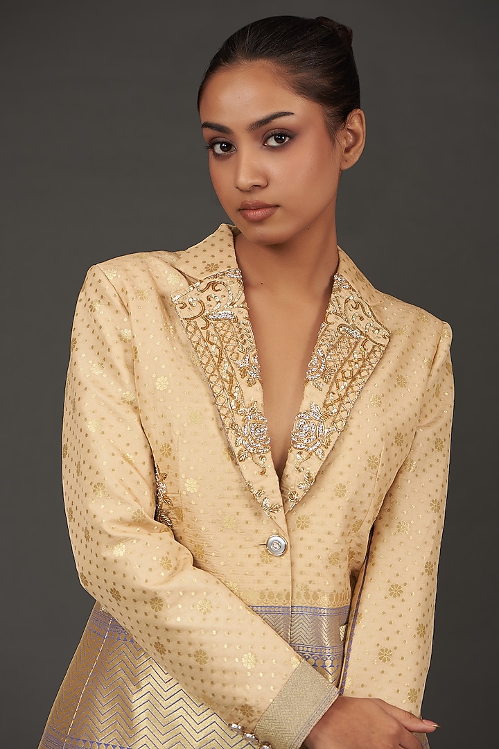 Beige Banarasi Silk Zari Embroidered Jacket Set by kunwarani ritu at Pernia's Pop Up Shop