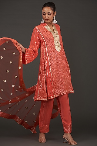 Orange Georgette Mukaish Embroidered Kurta Set by kunwarani ritu