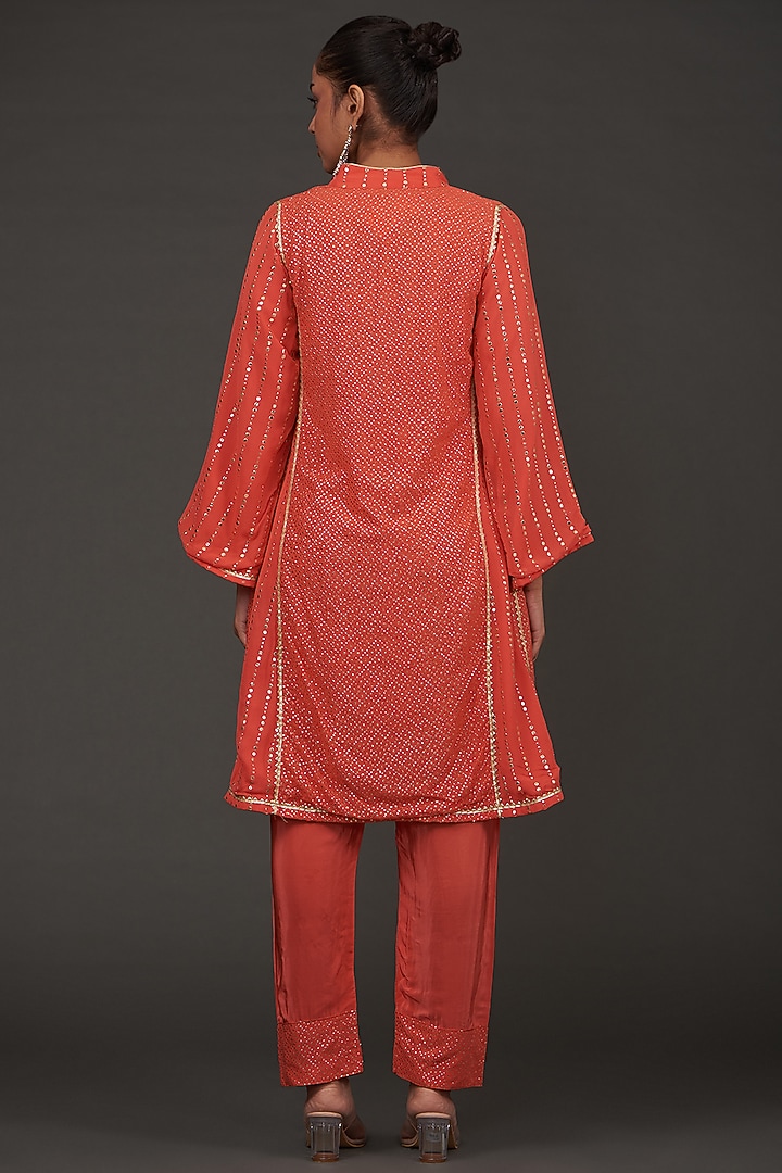 Orange Georgette Mukaish Embroidered Kurta Set by kunwarani ritu at Pernia's Pop Up Shop