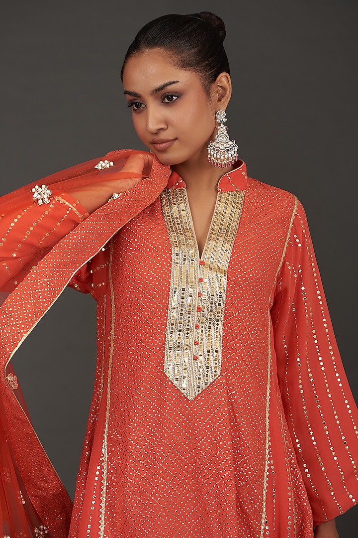 Orange Georgette Mukaish Embroidered Kurta Set by kunwarani ritu at Pernia's Pop Up Shop