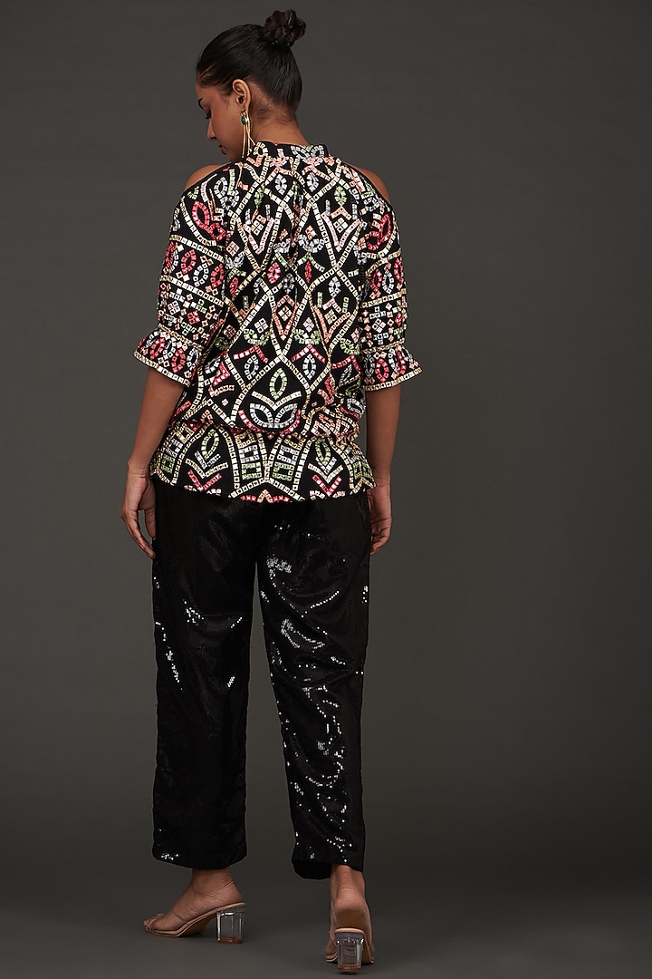 Black Georgette Mirror Embroidered Co-Ord Set by kunwarani ritu at Pernia's Pop Up Shop