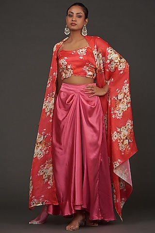 Orange Satin Floral Printed Cape Set by kunwarani ritu