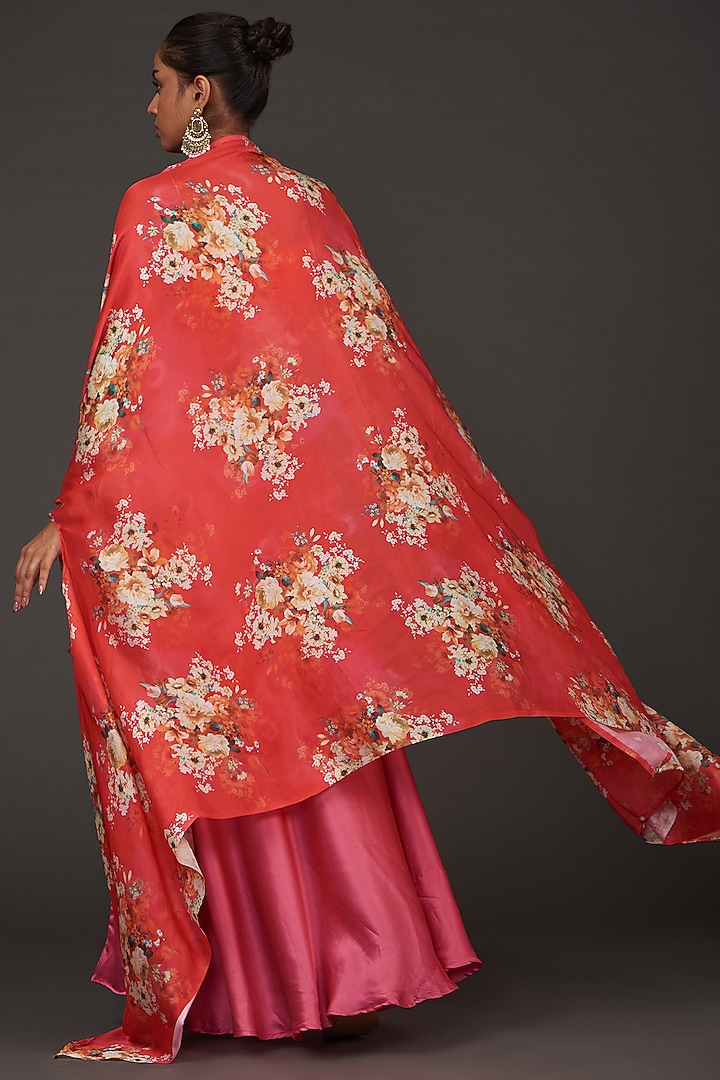 Orange Satin Floral Printed Cape Set by kunwarani ritu at Pernia's Pop Up Shop