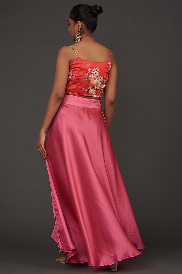 Orange Satin Floral Printed Cape Set by kunwarani ritu at Pernia's Pop Up Shop