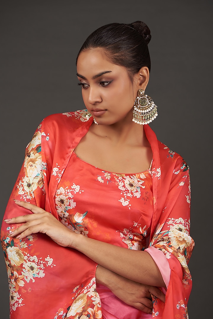 Orange Satin Floral Printed Cape Set by kunwarani ritu at Pernia's Pop Up Shop