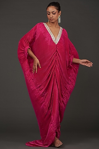 Maroon Crinkle Pearl Embroidered Kaftan by kunwarani ritu