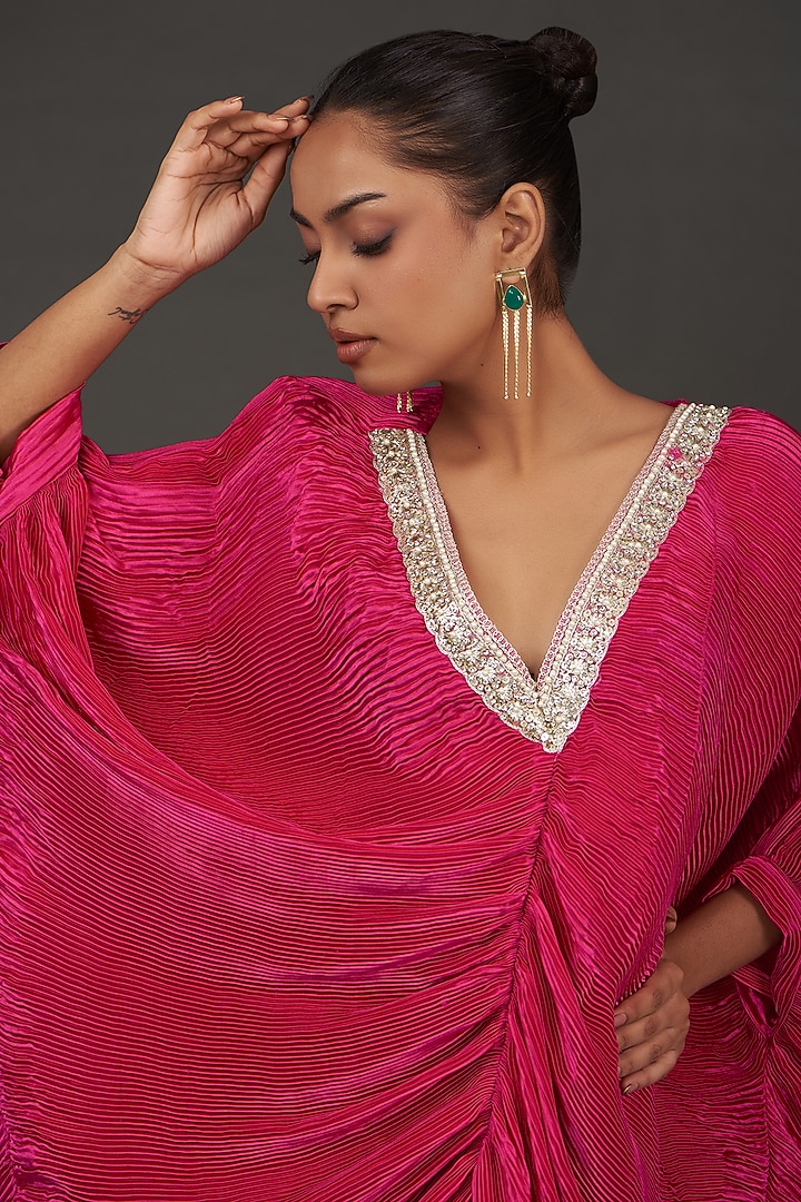 Maroon Crinkle Pearl Embroidered Kaftan by kunwarani ritu at Pernia's Pop Up Shop
