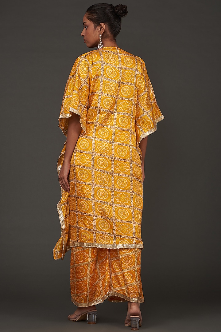 Yellow Silk Bandhani Kaftan Set by kunwarani ritu at Pernia's Pop Up Shop