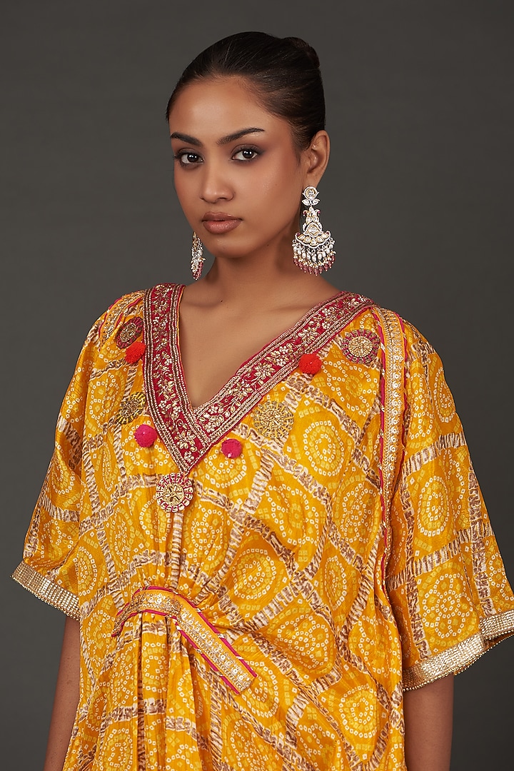 Yellow Silk Bandhani Kaftan Set by kunwarani ritu at Pernia's Pop Up Shop