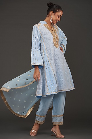Blue Georgette Mukaish Embroidered A-line Kurta Set by kunwarani ritu
