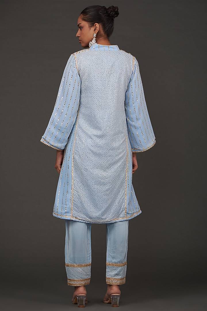 Blue Georgette Mukaish Embroidered A-line Kurta Set by kunwarani ritu at Pernia's Pop Up Shop