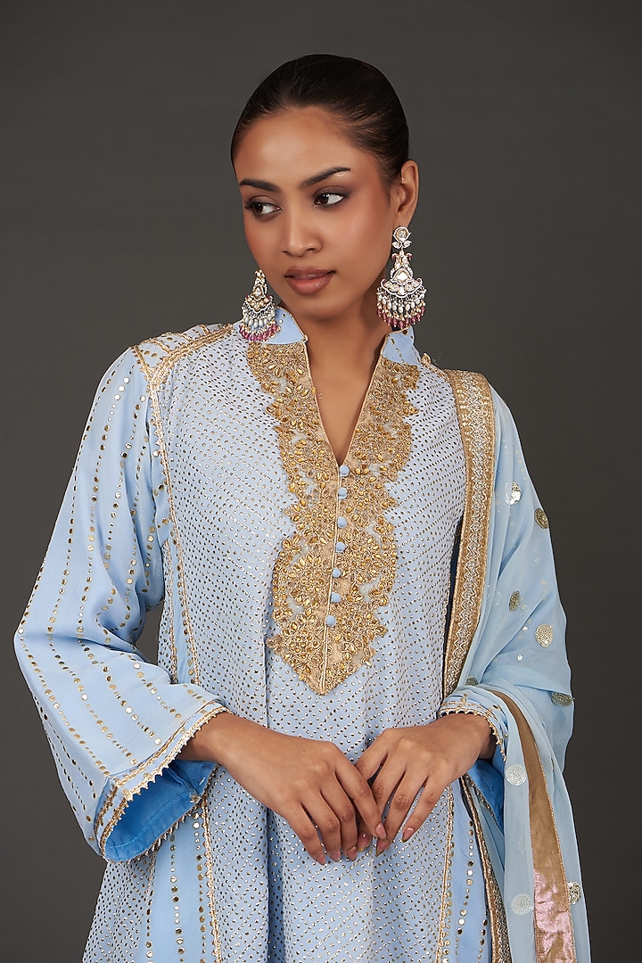 Blue Georgette Mukaish Embroidered A-line Kurta Set by kunwarani ritu at Pernia's Pop Up Shop