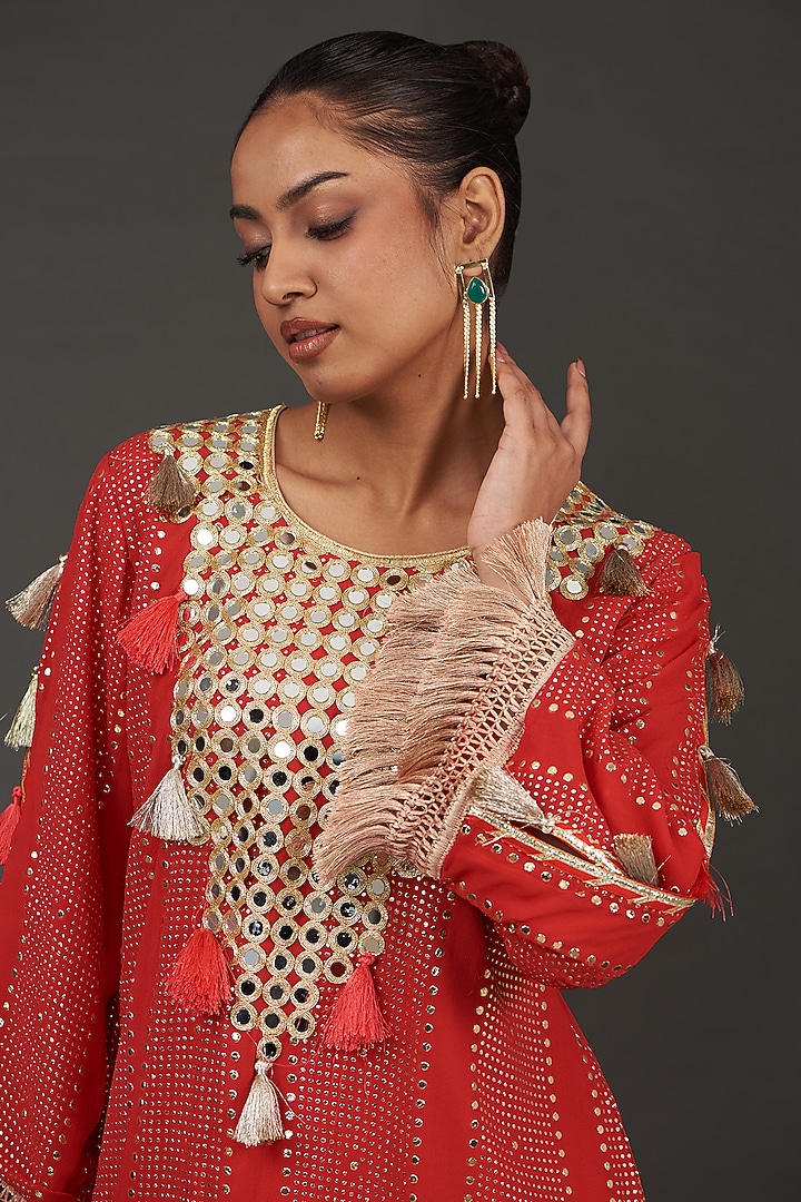 Red Georgette Mirror Embroidered Kurta Set by kunwarani ritu at Pernia's Pop Up Shop