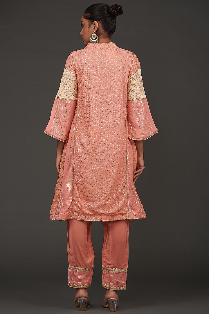 Peach Georgette Mukaish Embroidered Kurta Set by kunwarani ritu at Pernia's Pop Up Shop