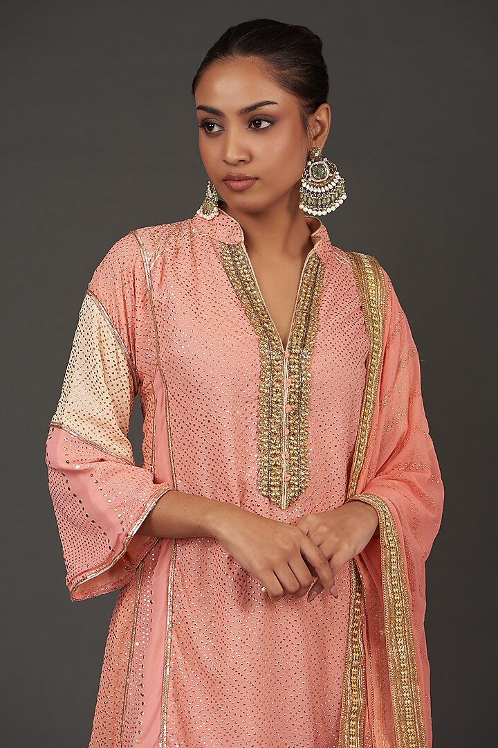 Peach Georgette Mukaish Embroidered Kurta Set by kunwarani ritu at Pernia's Pop Up Shop
